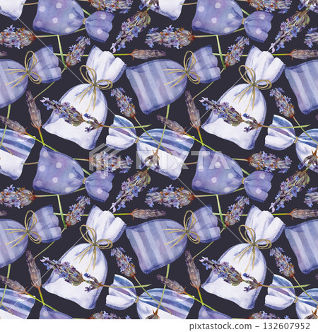 Decorative fabric sachet potpourri bags and lavender lavandula flower stalks seamless pattern. Isolated illustration hand drawn in watercolor. Soap wrap, planner stickers, aromatherapy sets, textiles. 132607952