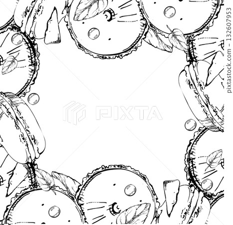 Stacked macarons, whoopie pies with mint sprigs, chocolate chips, candy ball dragees in vector ink. Hand drawn isolated illustration. Decorative label edging, citrus menu borders, recipe card art. 132607953