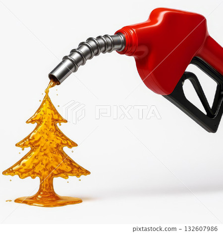 Christmas tree made of golden gasoline liquid poured from red fuel nozzle, creative holiday concept Christmas tree made of golden gasoline liquid poured from red fuel nozzle, creative holiday concept 132607986