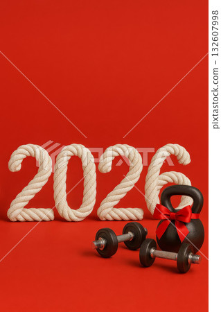 2026 made of white rope with gym equipment on red background, kettlebell with red bow and dumbbells, new year fitness goals 2026 made of white rope with gym equipment on red background, kettlebell with red bow and dumbbells, new year fitness goals 132607998