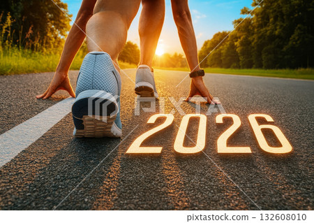 Athlete on running track ready to start race with glowing 2026 numbers ahead at sunrise, symbolizing New Year goals fitness Athlete on running track ready to start race with glowing 2026 numbers ahead at sunrise, symbolizing New Year goals fitness 132608010