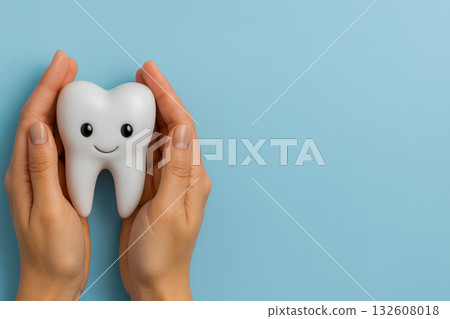 Tooth mascot in caring hands on light blue background symbolizing dental care, hygiene, protection and healthy smile 132608018