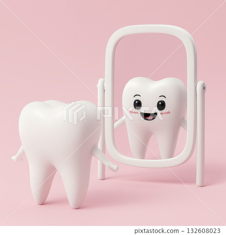 Cute tooth with braces smiling in mirror on pink. pediatric dentistry, hygiene, and clinic marketing. 132608023