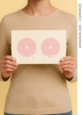 Woman holding breast health awareness poster with pink circles symbolizing female chest on background, medical education concept 132608028