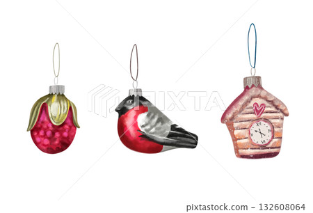 Watercolor illustration of vintage glass Christmas tree decorations. New Year. A little house, a little bird, a little berry. Watercolor illustration of vintage glass Christmas tree decorations. New Year. A little house, a little bird, a little berry. 132608064