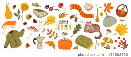 Cozy autumn fall sticker set with pumpkins, books, cat, sweater, and coffee. Warm seasonal vector illustration in orange and yellow tones for prints, cards, packaging, and decoration 132608360