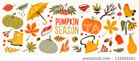 Autumn fall vector set with cozy pumpkin season elements like candles, boots, leaves, and tea. Cute fall stickers in warm orange and yellow tones for prints, cards, packaging, and decoration Autumn fall vector set with cozy pumpkin season elements like candles, boots, leaves, and tea. Cute fall stickers in warm orange and yellow tones for prints, cards, packaging, and decoration 132608361