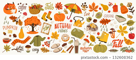 Autumn fall sticker set with cozy seasonal elements like pumpkins, coffee, tea, and leaves. Vector illustration with warm colors and cute fall vibes for cards, prints, and decoration 132608362