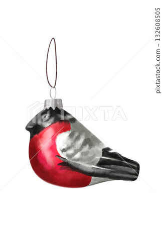 Watercolor illustration of a vintage glass Christmas tree toy, a bullfinch. Watercolor illustration of a vintage glass Christmas tree toy, a bullfinch. 132608505