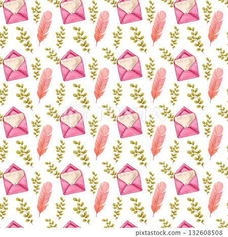 Watercolor seamless pattern of a love letter in pink with a pen. Romantic illustration. Watercolor seamless pattern of a love letter in pink with a pen. Romantic illustration. 132608508