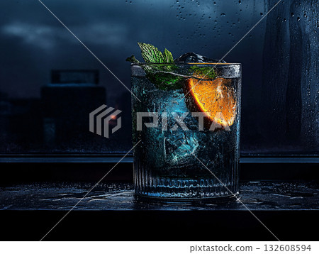 Cold citrus water with lemon, orange, and mint on a black background. Bar menu. AI Generated. 132608594