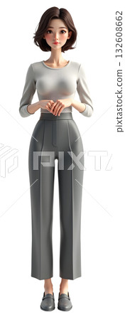 身穿灰色褲裝的女性形象。全身正面照。透明插圖。 身穿灰色褲裝的女性形象。全身正面照。透明插圖。 132608662