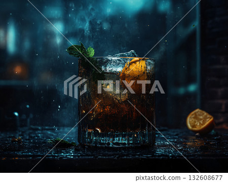 Cold citrus water with lemon, orange, and mint on a black background. Bar menu. AI Generated. 132608677