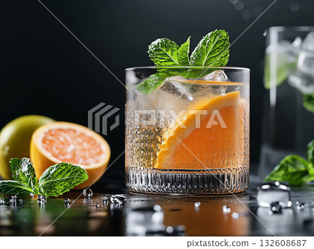 Lemon homemade cocktail detox fruit infused water, Cold summer lemonade. AI Generated. 132608687