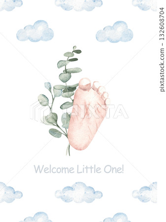 Watercolor baby shower invitation for a baby boy or girl with footprint, eucalyptus branches, and clouds. Gentle newborn template for welcome or birth party, conformation, christening. Watercolor baby shower invitation for a baby boy or girl with footprint, eucalyptus branches, and clouds. Gentle newborn template for welcome or birth party, conformation, christening. 132608704