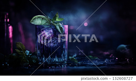 Cocktail gin-tonic with ice, lemon slices and twigs of rosemary on a black background. AI Generated. 132608727