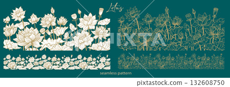 Seamless border patterns with lotus flowers, Seamless border patterns with lotus flowers, 132608750