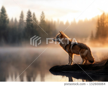 Close up of a wolf sitting by the river with a forest backdrop. AI Generated. 132608864