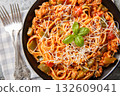 Chicago Style Italian Spaghetti with ground beef, Italian sausage, onions, garlic, tomato and cheese closeup on the plate. Horizontal top view 132609041