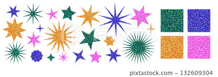 Glitter seamless patterns and star shaped stickers. Shiny vector sequin textures in green, blue, gold, and pink, sparkling disco style. Ideal for christmas designs. Drag to swatches panel to use Glitter seamless patterns and star shaped stickers. Shiny vector sequin textures in green, blue, gold, and pink, sparkling disco style. Ideal for christmas designs. Drag to swatches panel to use 132609304