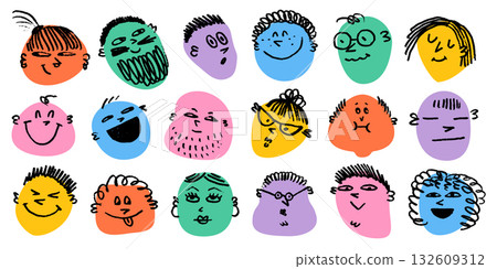 Face doodle emoji set with cartoon expressions in bright colors. Doodle happy faces with smiles in crayon pencil style. Great for stickers, posters, fun design Face doodle emoji set with cartoon expressions in bright colors. Doodle happy faces with smiles in crayon pencil style. Great for stickers, posters, fun design 132609312