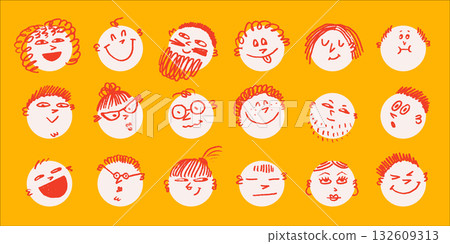 Crayon doodle face set with playful emoji expressions on orange background. Hand-drawn smile icons and chalk texture faces. Perfect for stickers, posters, cards, vector illustrations. Crayon doodle face set with playful emoji expressions on orange background. Hand-drawn smile icons and chalk texture faces. Perfect for stickers, posters, cards, vector illustrations. 132609313