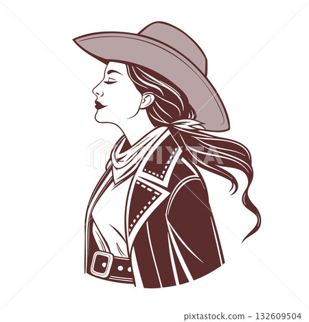 Stylish Cowgirl Profile with Cowboy Hat and Jacket 132609504