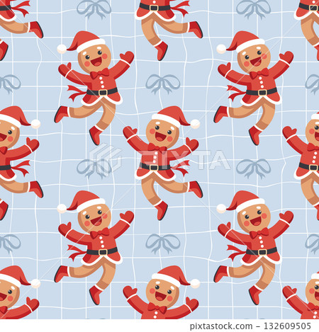 Christmas background with cute gingerbread man in Santa outfit. Christmas holiday background with festive character. 132609505