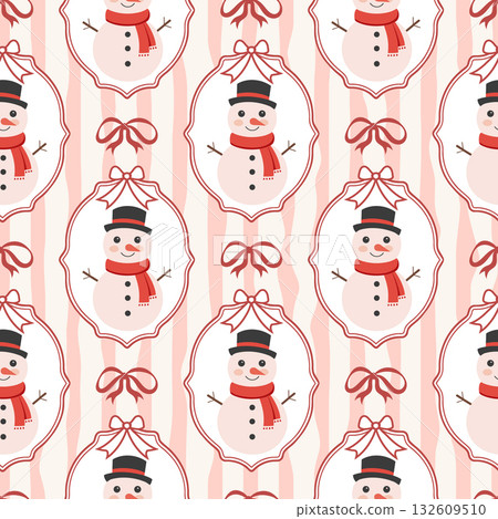 Cute snowman seamless pattern with bows and frames. Christmas festive background. 132609510