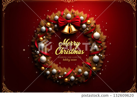 聖誕卡插圖，紅色背景上的聖誕花環 132609620