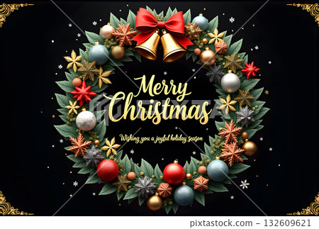 聖誕卡 - 黑色背景上的聖誕花圈插圖 132609621