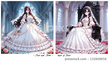 玫瑰新娘。身著婚紗、擁有紅色眼眸的迷人美人。一套兩張日式漫畫風格的AI插畫。 132609656