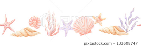 Seamless border with watercolor coral, floral seaweed, starfish, hand drawn sea ornament on isolated background. Seamless border with watercolor coral, floral seaweed, starfish, hand drawn sea ornament on isolated background. 132609747