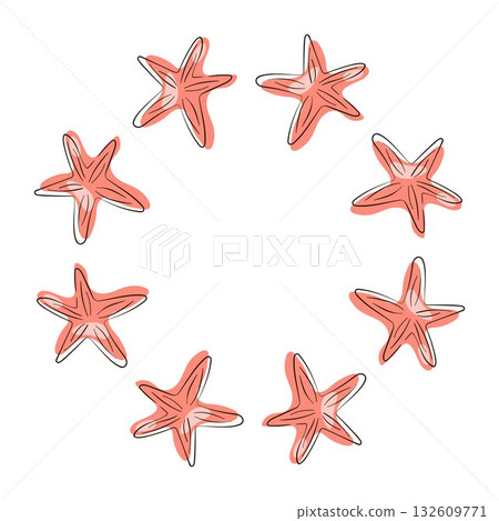 Starfish undersea wreath in flat style. Starfish design for summer natural design, fish restaurants, seafood menu isolated on a white background. 132609771