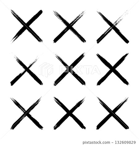 Grunge crosses, brush strokes, x mark, lines, ink smudges, hand-drawn scribble shapes. Handmade sketchy marks, acrylic stains, charcoal streaks. Paint textures, dry brush effect. Vector illustration 132609829