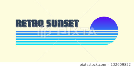 Vintage colorful sunset. Various gradient striped sunrise badges in 80s and 90s style. Sun and ocean view, summer vibes, surfing. Design element for print, logo or t-shirt. Vector illustration 132609832