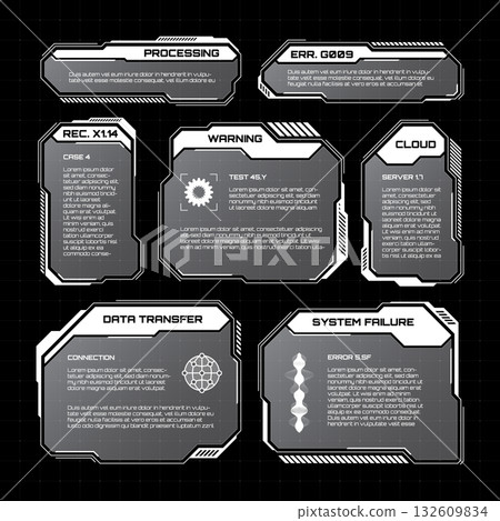 White futuristic HUD, UI elements. Sci-fi user interface text boxes, callouts. Warning message frames, information boxes template. Modern game interface layout in digital style. Vector illustration White futuristic HUD, UI elements. Sci-fi user interface text boxes, callouts. Warning message frames, information boxes template. Modern game interface layout in digital style. Vector illustration 132609834
