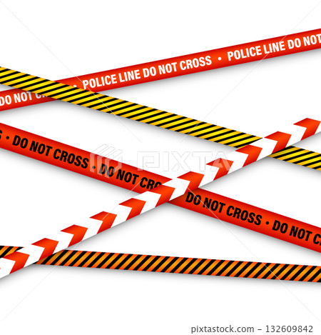 Barricade construction tape. Colorful police warning line, brightly colored danger or hazard stripe, ribbon. Restricted area, zone. Attention symbol. Vector illustration 132609842