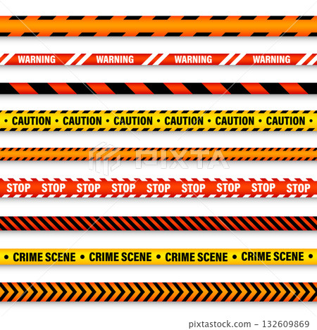 Barricade construction tape. Colorful police warning line, brightly colored danger or hazard stripe, ribbon. Restricted area, zone. Attention symbol. Vector illustration 132609869