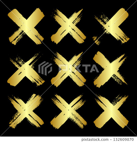 Golden grunge crosses, brush strokes, lines, ink smudges, hand-drawn scribble shapes. Handmade sketchy marks, acrylic stains, charcoal streaks. Paint textures, dry brush effect. Vector illustration 132609870