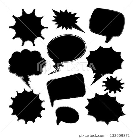 Grunge comic speech bubbles with brush strokes, ink smudges, acrylic stains or charcoal streaks. Hand drawn retro cartoon stickers. Chatting, message box. Vector illustration 132609871