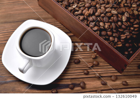light coffee beans wooden box with coffee, natural wooden background 132610049