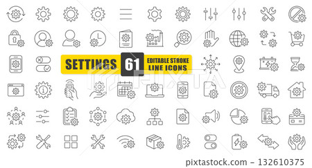 Settings Line Icon Vector Set. A Collection Of 61 Thin Line Editable Stroke Icons Featuring Gears, Tools, And Adjustments. Perfect For UI Design, Apps, Websites, Maintenance, And System Configuration. Settings Line Icon Vector Set. A Collection Of 61 Thin Line Editable Stroke Icons Featuring Gears, Tools, And Adjustments. Perfect For UI Design, Apps, Websites, Maintenance, And System Configuration. 132610375