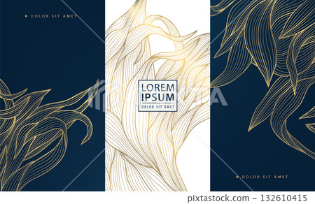 Elegant vector golden floral and leaf patterns, delicate lines, luxurious abstract design. Packaging, cosmetic labels, wine or tea branding, invitations, premium decorative backgrounds. 132610415