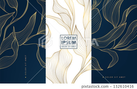 Elegant vector golden floral and leaf patterns, delicate lines, luxurious abstract design. Packaging, cosmetic labels, wine or tea branding, invitations, premium decorative backgrounds. Elegant vector golden floral and leaf patterns, delicate lines, luxurious abstract design. Packaging, cosmetic labels, wine or tea branding, invitations, premium decorative backgrounds. 132610416