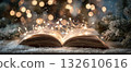 Open book illuminated with lights in snowy setting 132610616