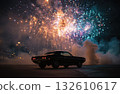 Fireworks glow behind classic car 132610617