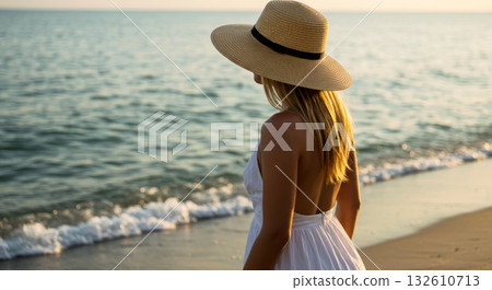 Woman in a straw hat and white dress walking along the sea shore at sunset, enjoying a peaceful summer vacation. 132610713