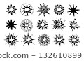 Set of hand drawn star shapes with different outlines and rays. Black and white vector doodle collection isolated on white background. Celestial and decorative element concept for design, pattern, or 132610899