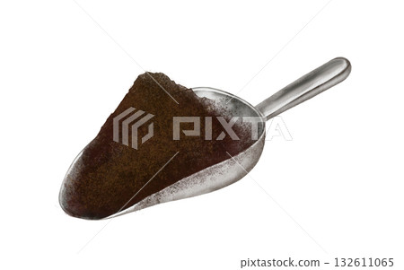 Cocoa powder watercolor. Hand-drawn chocolate powder on a scoop. Food clip art. Perfect for a chocolate factory or dessert book. High quality illustration 132611065